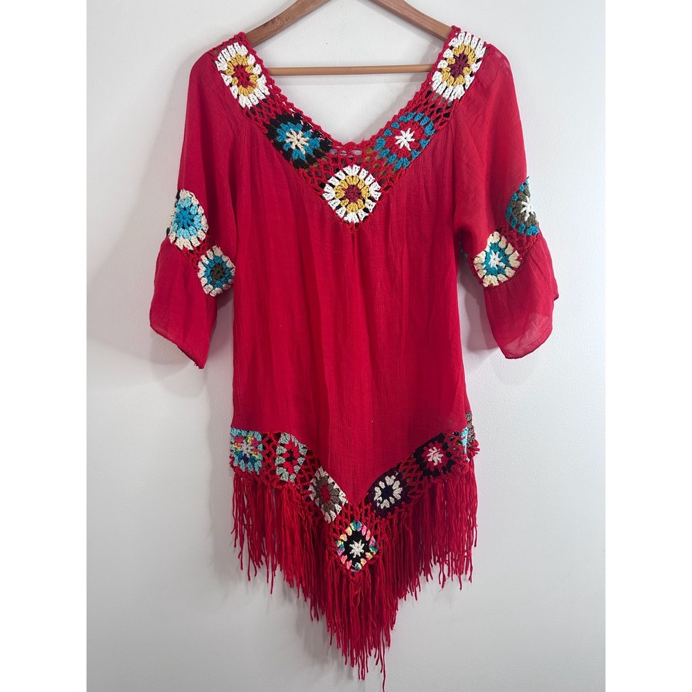 Dasayo Red Crochet Granny Square Fringe Tunic Top Boho Bell Sleeve Womens M